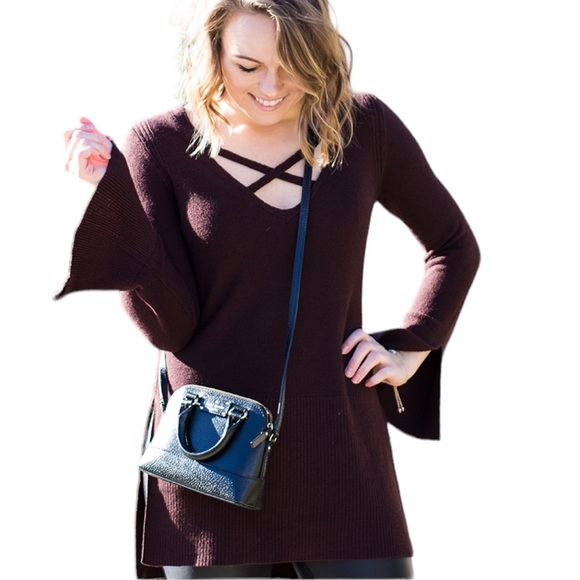 Free People Criss-Cross Tunic Sweater in Brown Wine Size Small - Picture 4 of 15